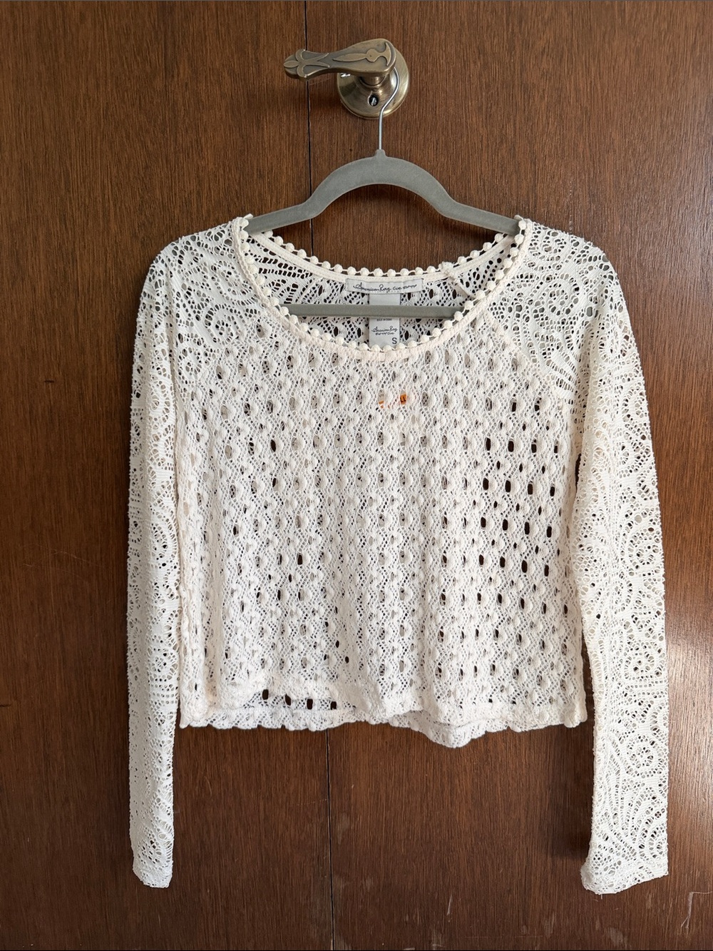 American Rag Cream Crochet Openwork Long-Sleeve Crop Top